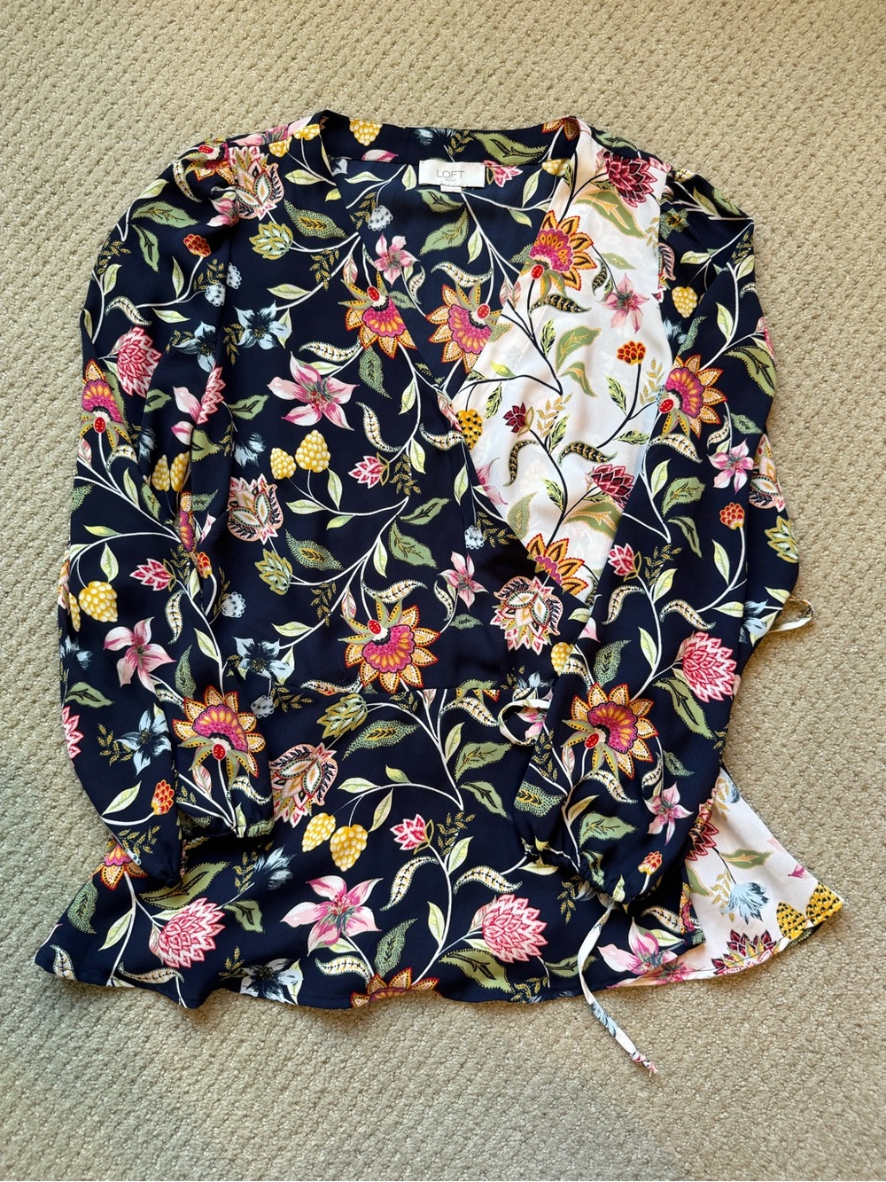LOFT Navy Floral Tie-Waist Wrap Blouse